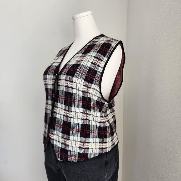 Vintage Rafaella Black Red White Plaid Button Sweater Vest Sleeveless Academia L - Picture 2 of 9
